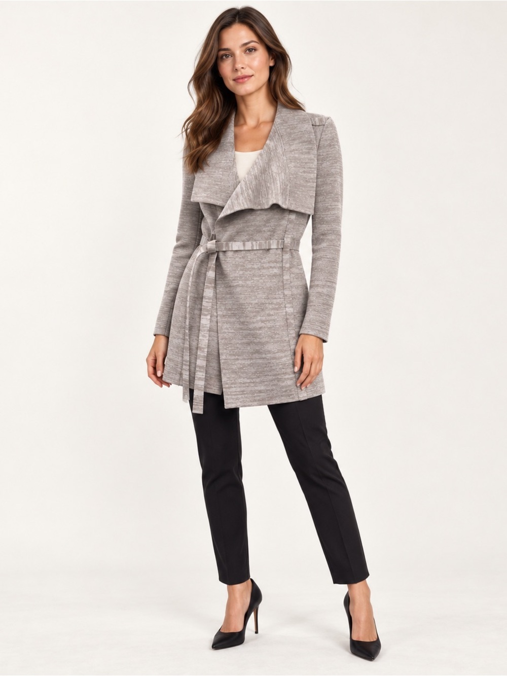 Scanlan Theodore Taupe-Gray Draped Belted Trench Coat